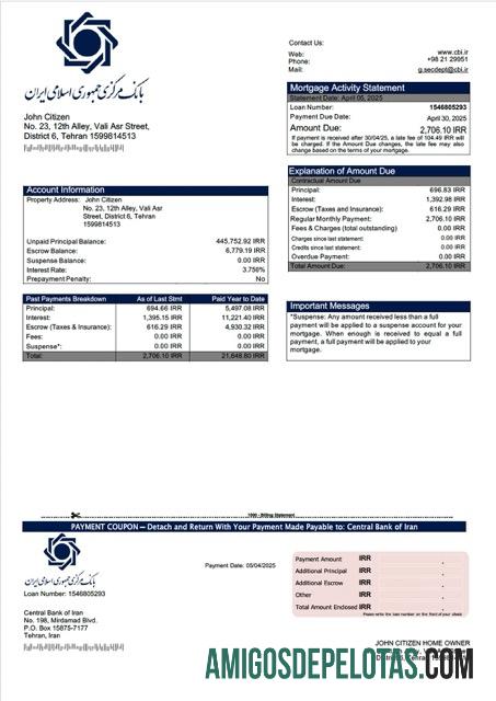 realista Modelo Word e PDF de declaração de hipoteca do Banco Central do Irã